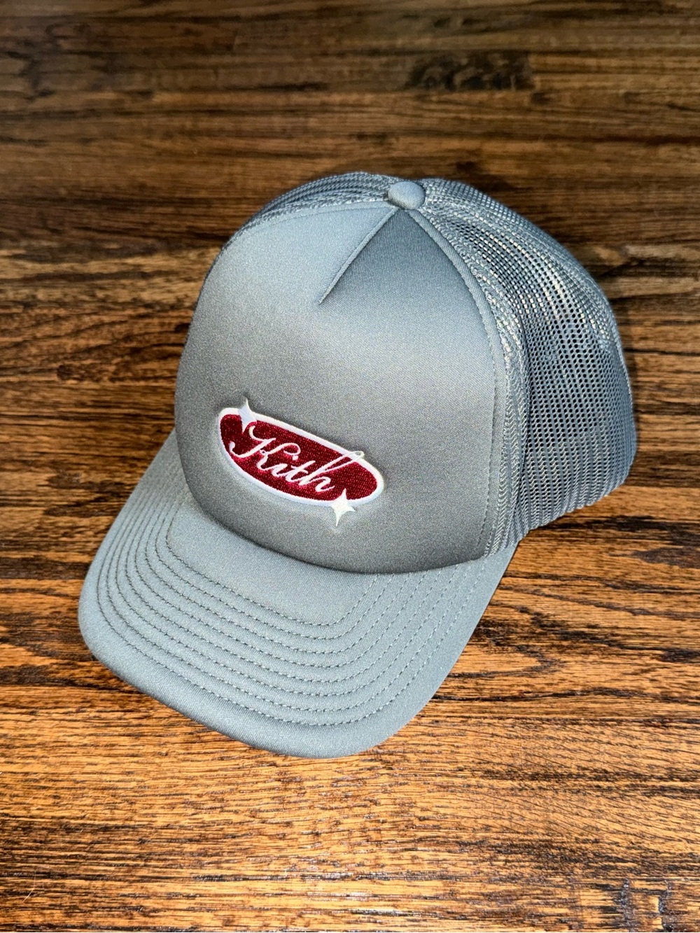 Kith SS25 Grey Poly-Foam Nolan Trucker Hat Red Logo